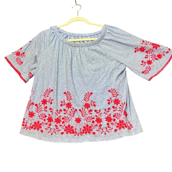 Talbots Off Shoulder Shirt Womens Large Petites Blue Floral Embroidered Boho - Picture 2 of 12